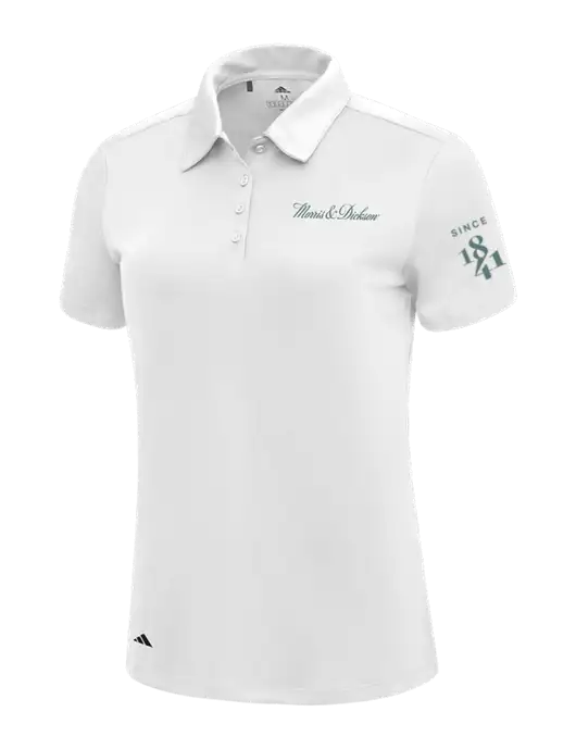 Adidas White Womens Ultimate Solid Polo w/Morris & Dickson Logo, Since 1841 Logo