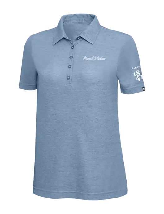 TravisMathew Slate Blue Heather Womens Oceanside Polo w/Morris & Dickson Logo, Since 1841 Logo