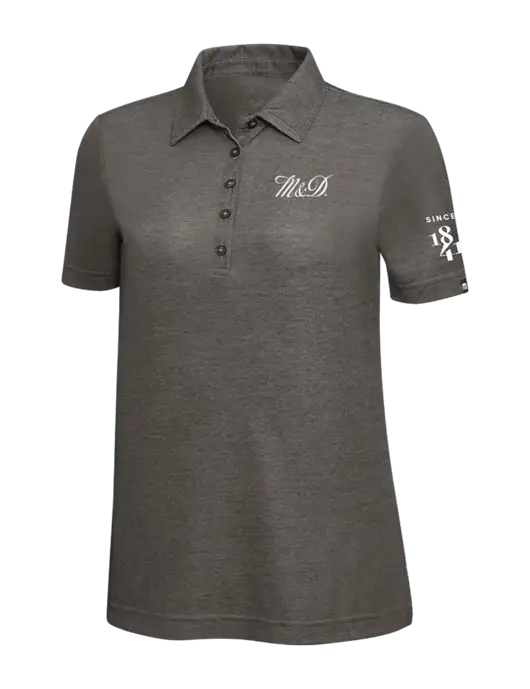TravisMathew Black Heather Womens Oceanside Polo w/M&D Logo, Since 1841 Logo