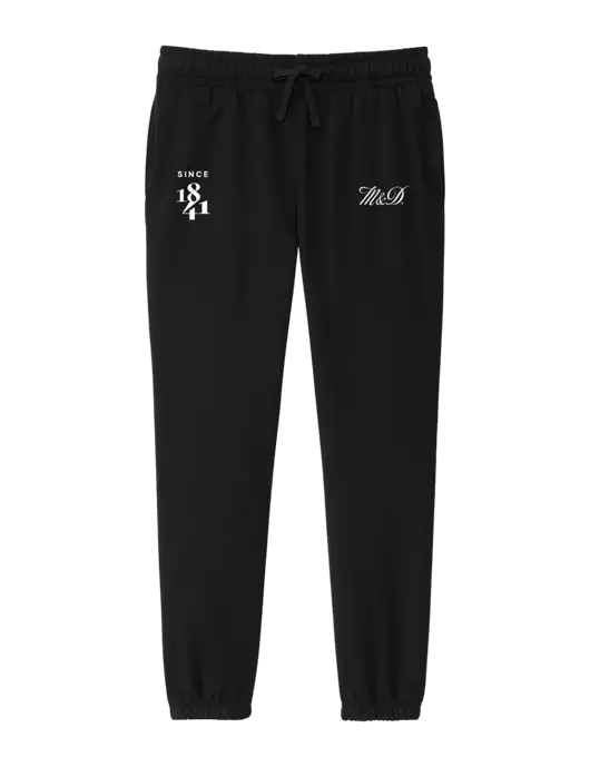 District Womens Black Fleece Sweatpants w/M&D Logo, Since 1841 Logo
