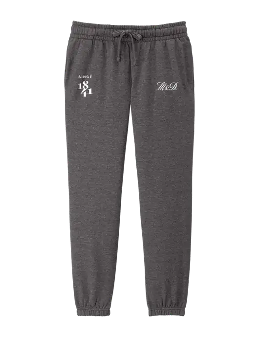 District Womens Heathered Charcoal Fleece Sweatpants w/M&D Logo, Since 1841 Logo