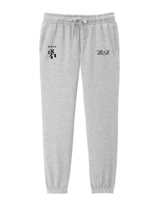 District Womens Light Heather Grey Fleece Sweatpants w/M&D Logo, Since 1841 Logo
