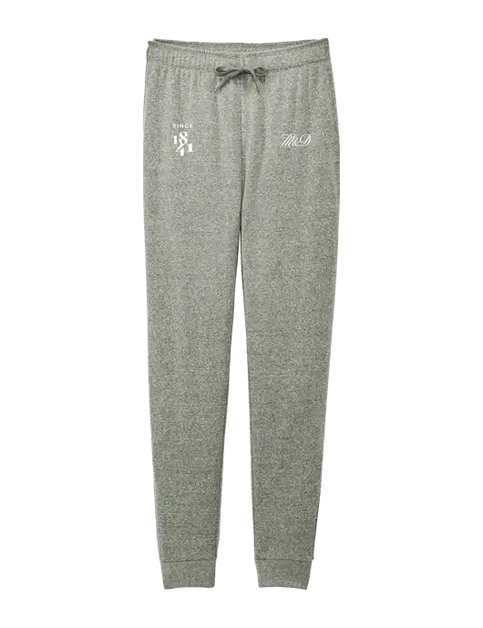 District Womens Dark Medium Grey Mid-Rise Fleece Jogger w/M&D Logo, Since 1841 Logo