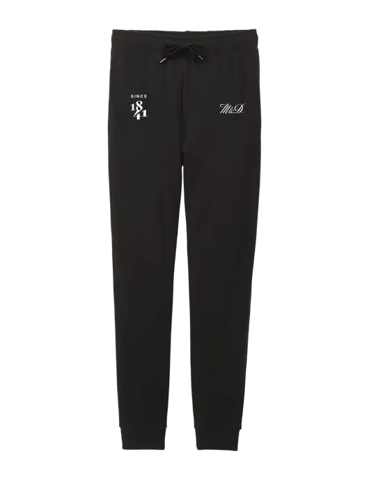 District Womens Black Mid-Rise Fleece Jogger w/M&D Logo, Since 1841 Logo