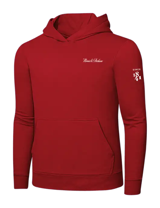 Bright Red 8.5 oz Ring Spun Hooded Sweatshirt w/Morris & Dickson Logo, Since 1841 Logo