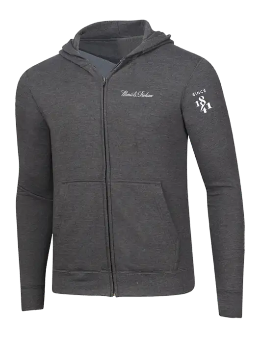 Dark Heather Grey 8.5 oz Ring Spun Zip Hooded Sweatshirt w/Morris & Dickson Logo, Since 1841 Logo