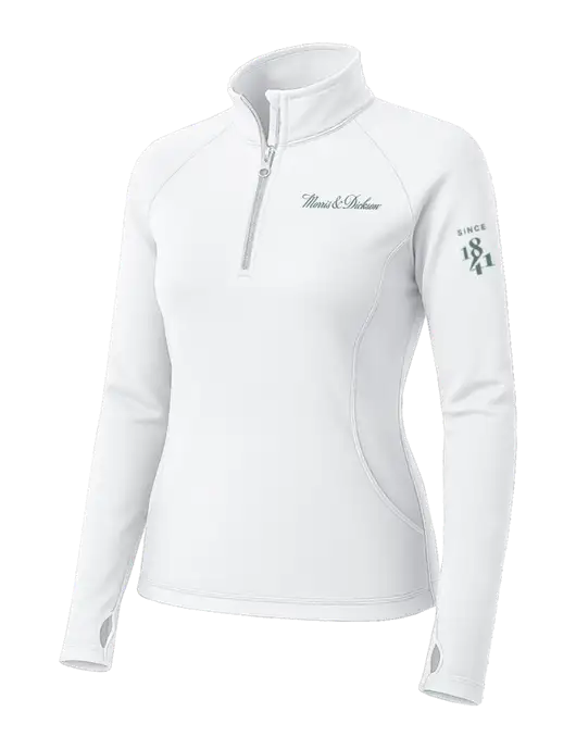 White Womens Sport Wick Stretch 1/4 Zip Pullover w/Morris & Dickson Logo, Since 1841 Logo