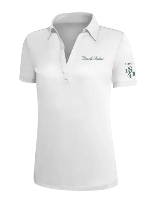 White Silk Touch Womens Performance Polo w/Morris & Dickson Logo, Since 1841 Logo
