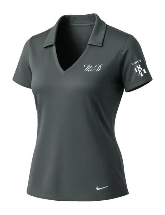 NIKE Dark Grey Womens Dri-Fit Vertical Mesh Polo w/M&D Logo, Since 1841 Logo