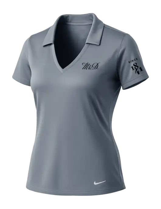 NIKE Medium Grey Womens Dri-Fit Vertical Mesh Polo w/M&D Logo, Since 1841 Logo