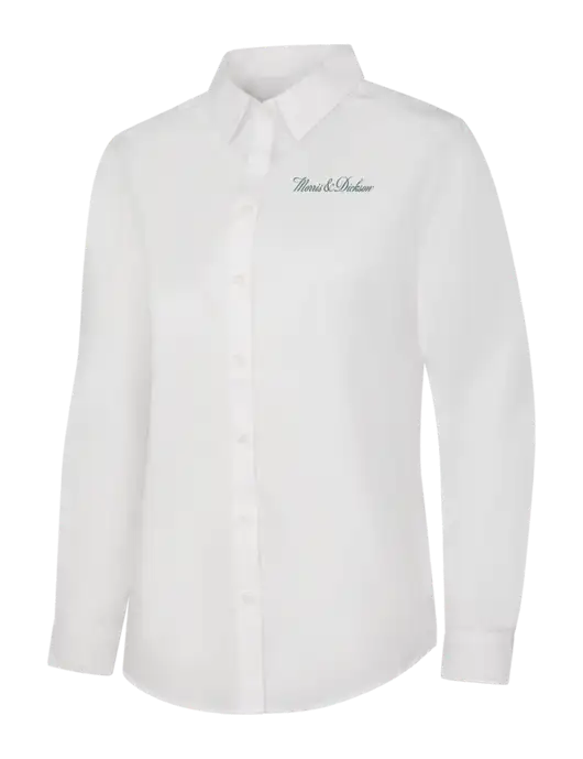 Womens White Long Sleeve Carefree Poplin Shirt w/Morris & Dickson Logo
