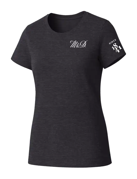 Womens Seriously Soft Heathered Charcoal T-Shirt w/M&D Logo, Since 1841 Logo