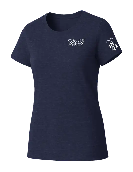 Womens Seriously Soft Heathered Navy T-Shirt w/M&D Logo, Since 1841 Logo