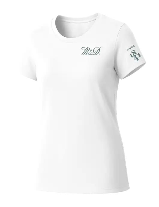 Womens Seriously Soft White T-Shirt w/M&D Logo, Since 1841 Logo