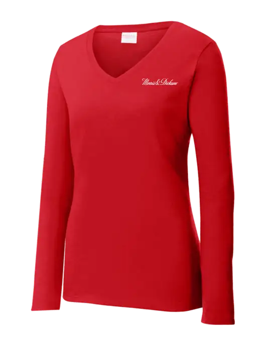 Womens  V-Neck Ring Spun Bright Red 4.5 oz Long Sleeve T-Shirt w/Morris & Dickson Logo
