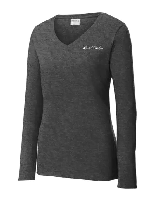 Womens  V-Neck Ring Spun Dark Heather Grey 4.5 oz Long Sleeve T-Shirt w/Morris & Dickson Logo
