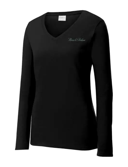 Womens V-Neck Ring Spun Jet Black 4.5 oz Long Sleeve T-Shirt w/Morris & Dickson Logo