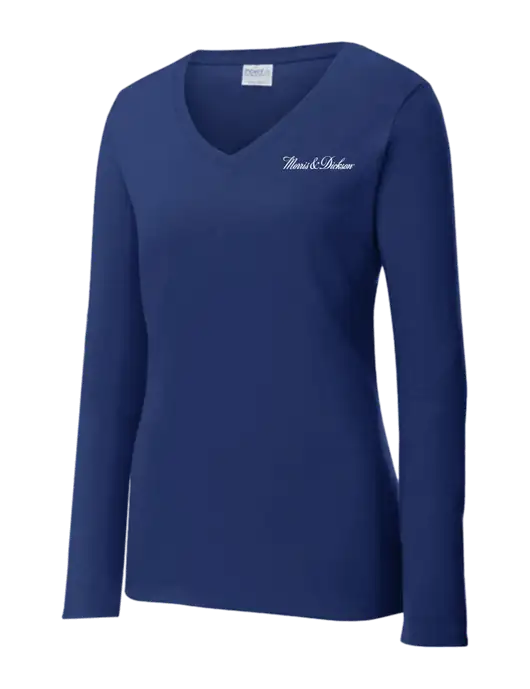 Womens  V-Neck Ring Spun Navy 4.5 oz Long Sleeve T-Shirt w/Morris & Dickson Logo