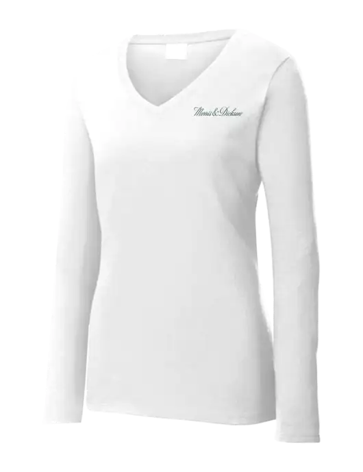 Womens  V-Neck Ring Spun White 4.5 oz Long Sleeve T-Shirt w/Morris & Dickson Logo