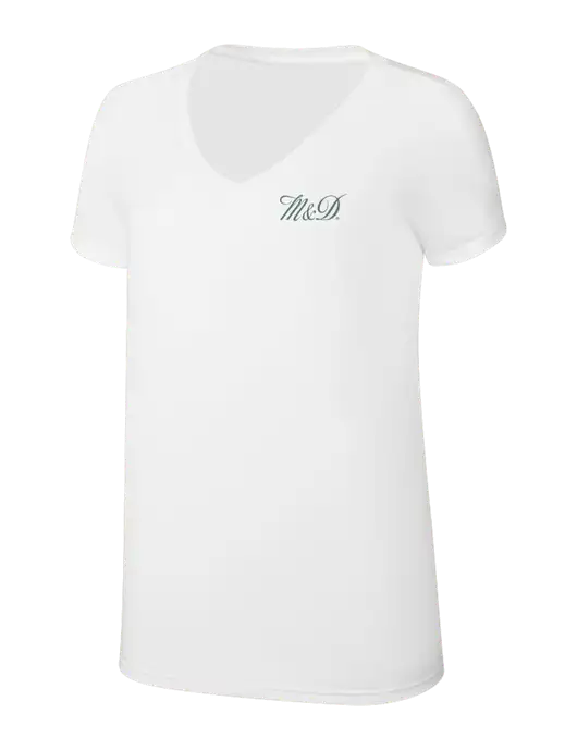 Womens Simply Soft V-Neck White 4.5oz  Poly/Combed Ring Spun Cotton T-Shirt w/M&D Logo